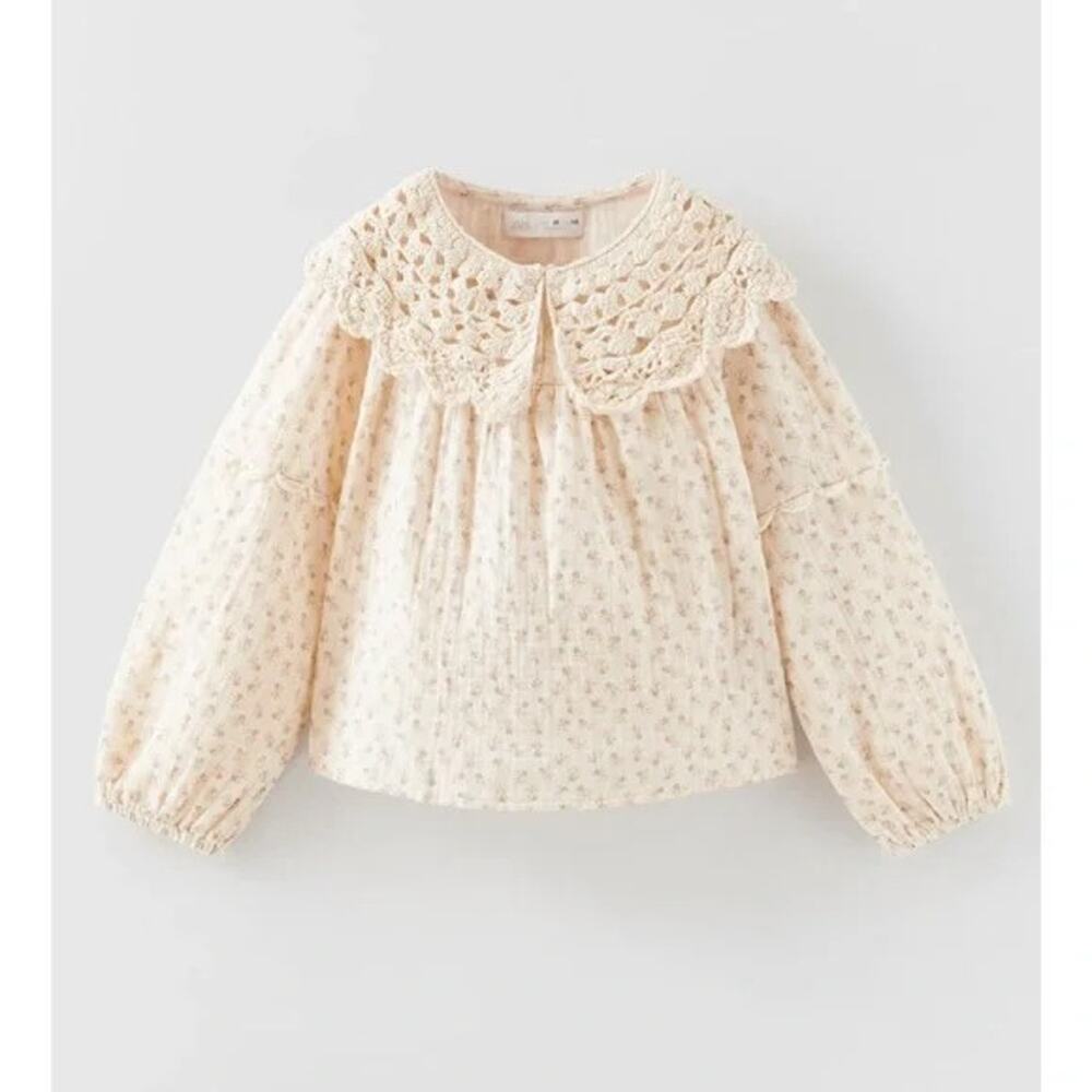 Zara girls ecru neutral floral crochet collar blouse size 9